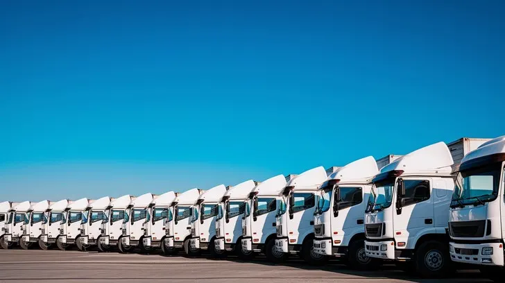 Row of white trucks parked under a clear blue sky