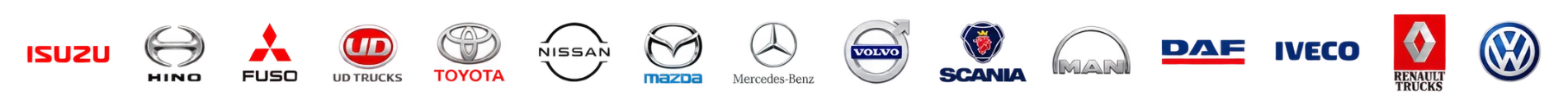 Isuzu, Hino, Mitsubishi Fuso, UD Trucks, Toyota, Nissan, Mazda, Mercedes-Benz, Volvo, Scania, MAN, DAF, Iveco, Renault Trucks and Volkswagen