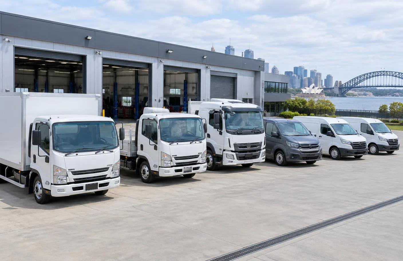 Commercial fleet trucks and vans arranged outside a Sydney workshop